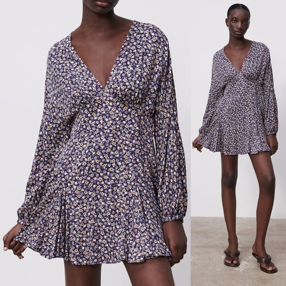 NEW Zara Floral V Neck Printed Purple Mini Dress S - Picture 4 of 11